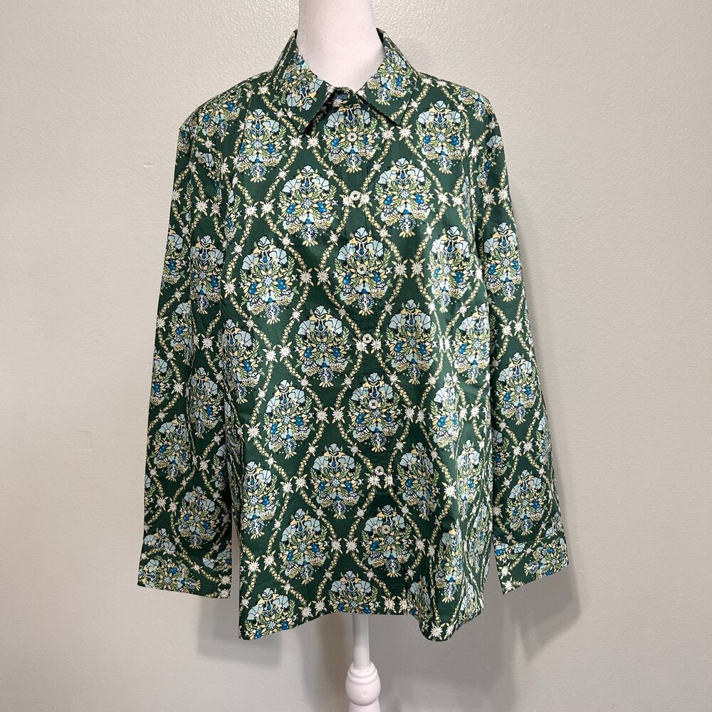 Talbots Petite XLP Green Medallion Floral Button Front Shirt 100% Cotton EUC